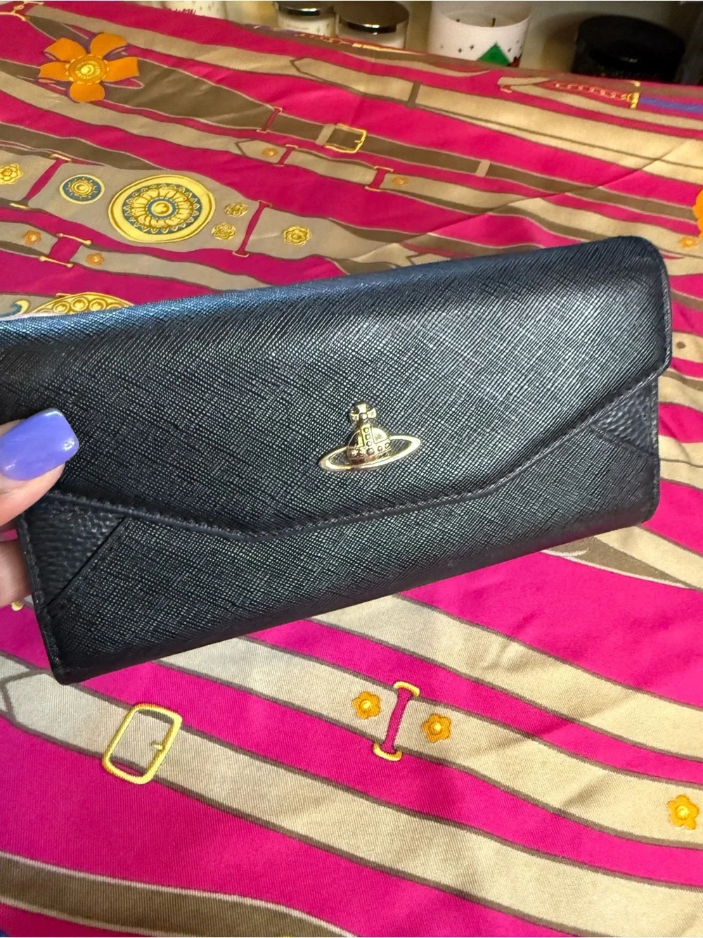 Vivienne Westwood Black Textured Envelope Wallet with Gold Orb Logo